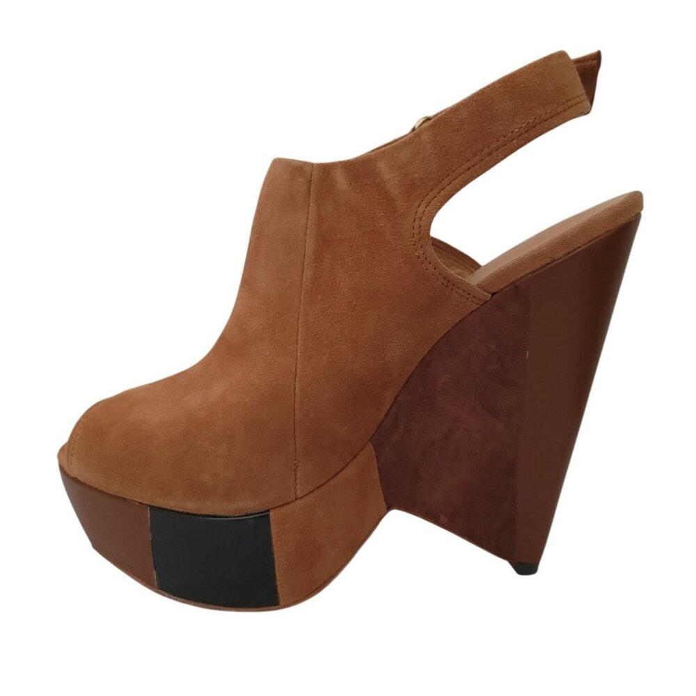 L.A.M.B. Womens Tan Suede Slingback Peep Toe Platform Wedge Heels Size 6.5M